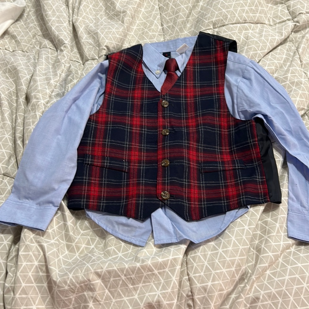 NWT Boys Class Club size 7 cute button down shirt plaid vest and clip on tie